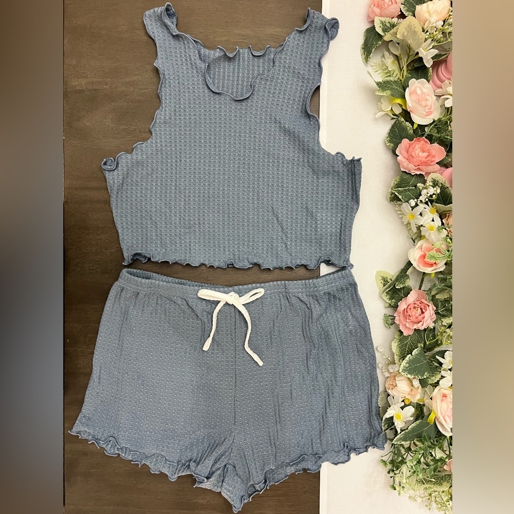 Lettuce Trim Waffle Knit Tank Top and Shorts Pajama Set Sz XL - 12